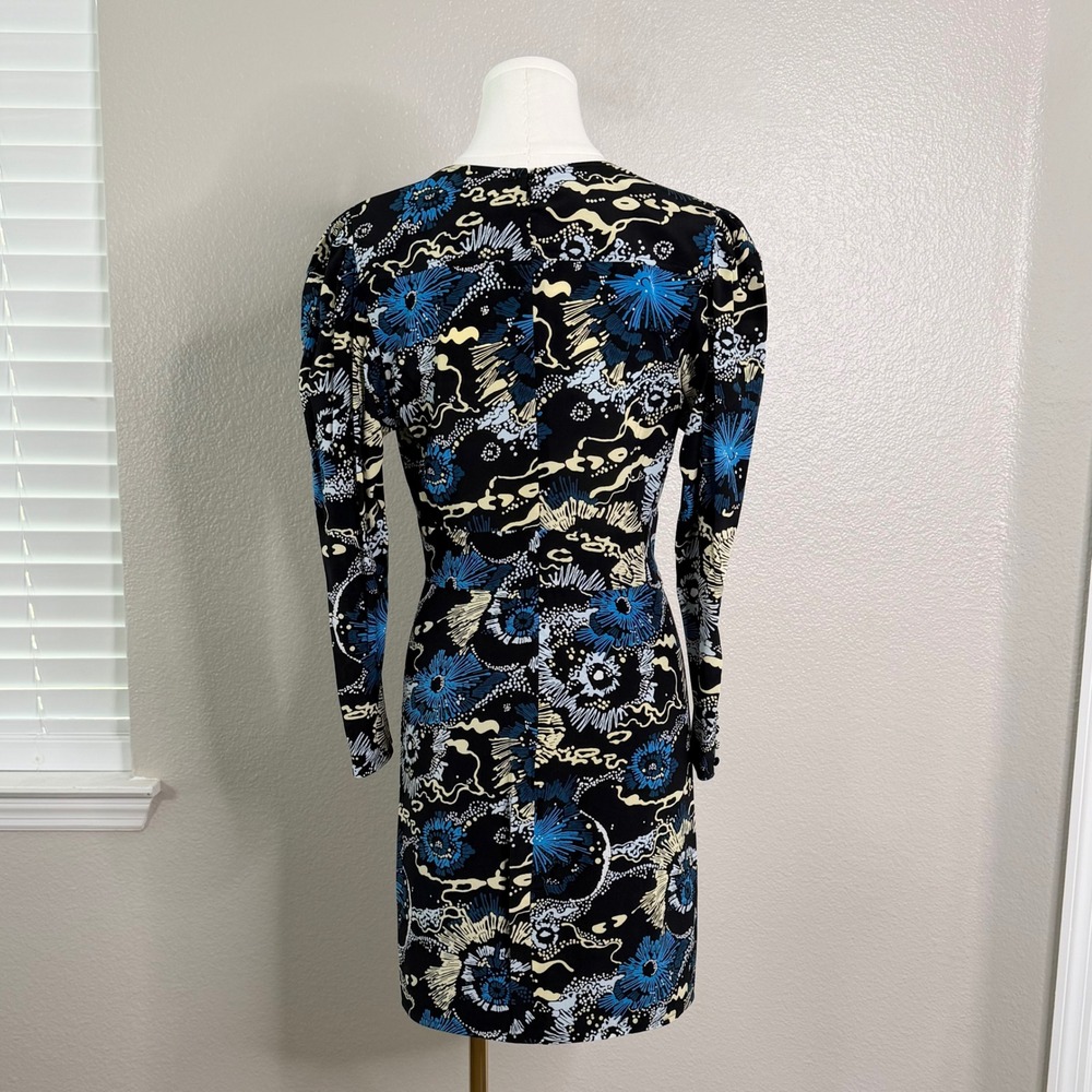 ALC Silk Mini Dress Floral VNeck Ruched Black Blue Long Sleeve Cocktail Sz 4 NWT - Picture 4 of 16